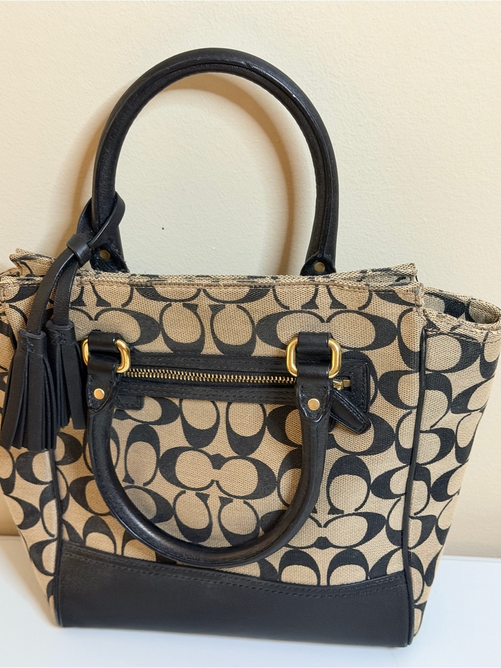 Coach Khaki and Black Signature Logo Tote - Picture 4 of 8
